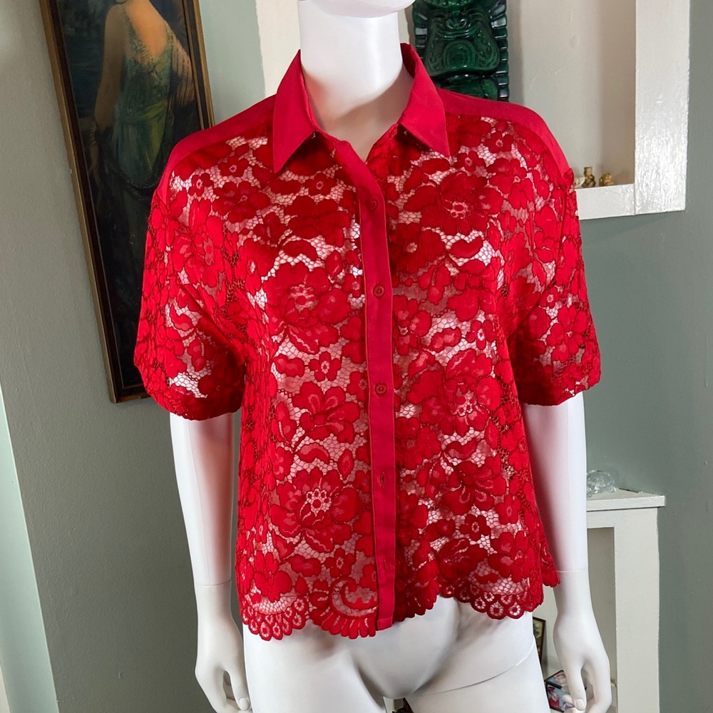 Nwt new Express Red Sheer Lace Short Sleeve Blouse top shirt medium m